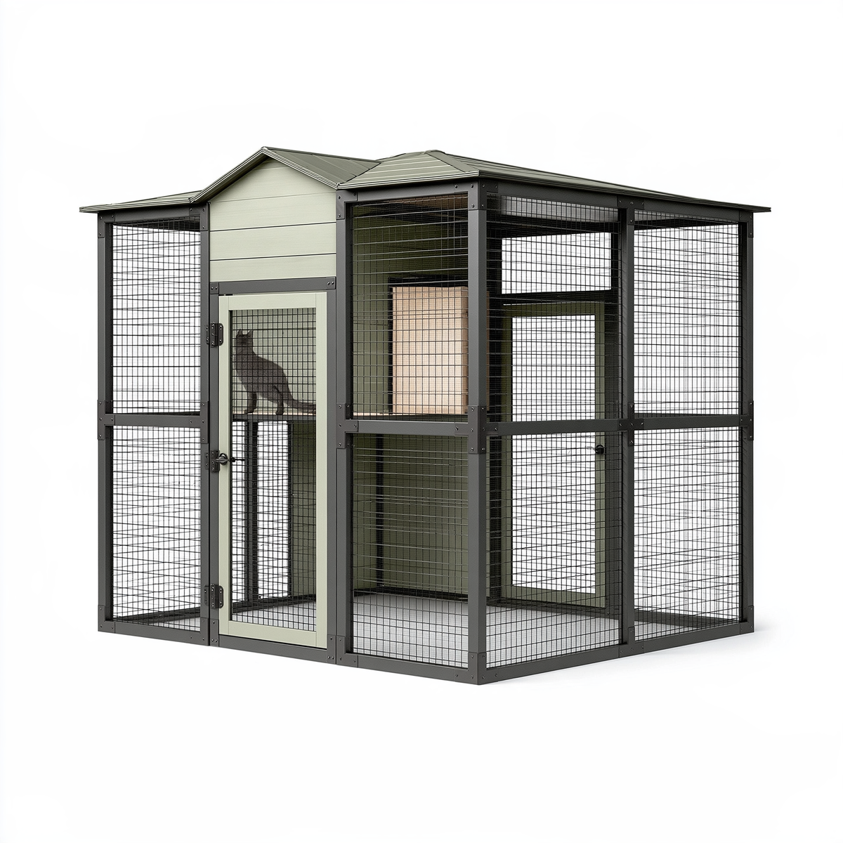 Recinto per gatti 180 x 120 x 220 cm in metallo grigio verde con tetto inclinato da esterno