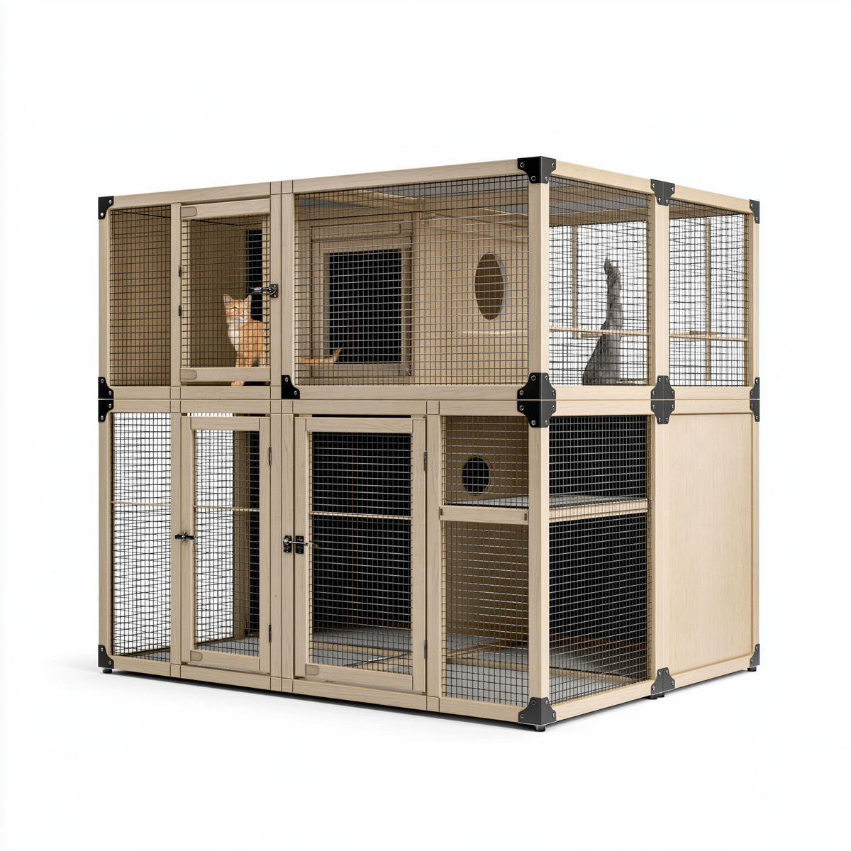 Gabbia per gatti 180 x 90 x 180 cm in legno beige e rete metallica - recinto interno a due livelli