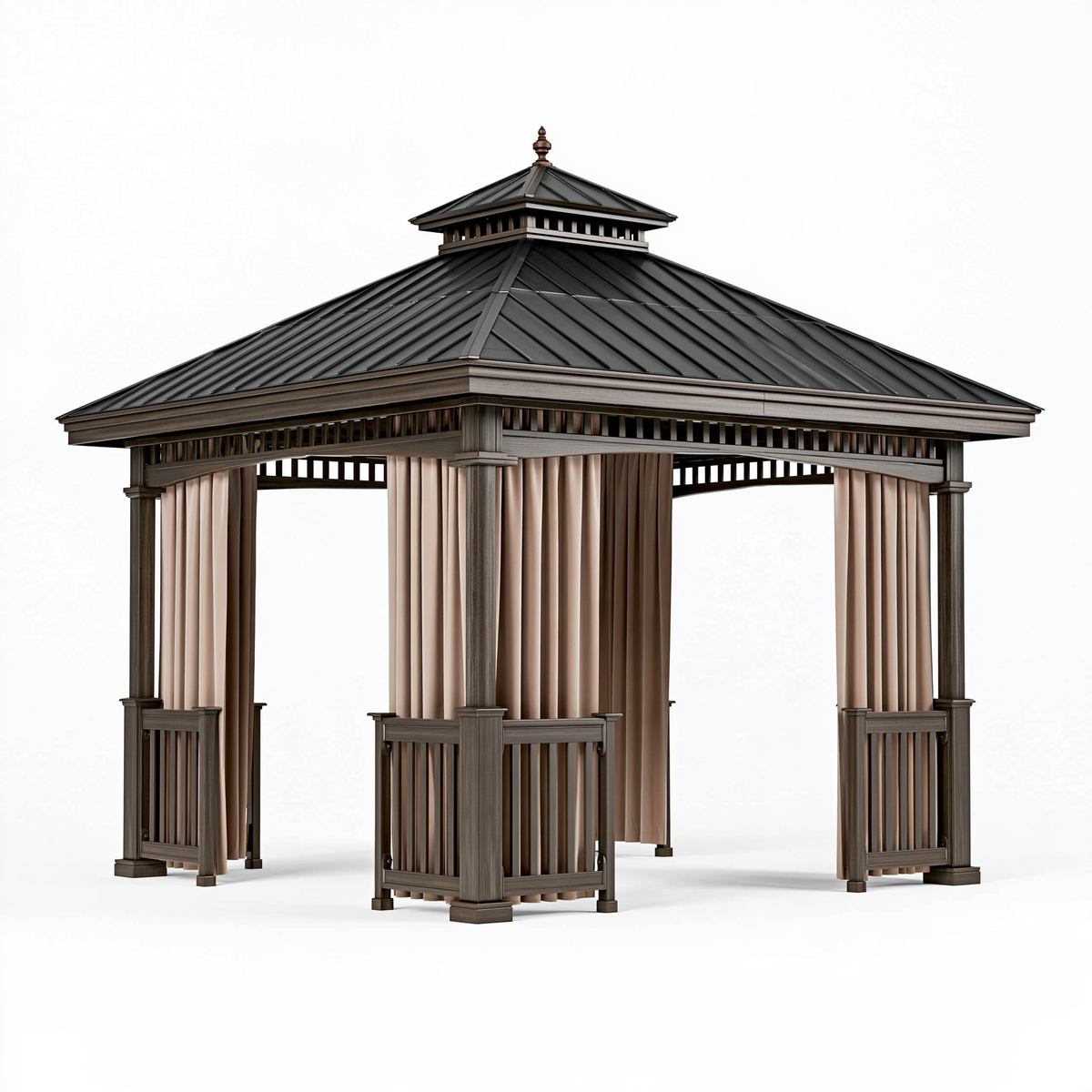 Gazebo da giardino 300 x 300 x 320 cm in legno e metallo marrone con tende laterali