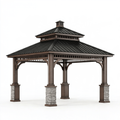 Gazebo da giardino 400 x 400 x 390 cm in legno marrone con tetto in metallo nero - stile padiglione