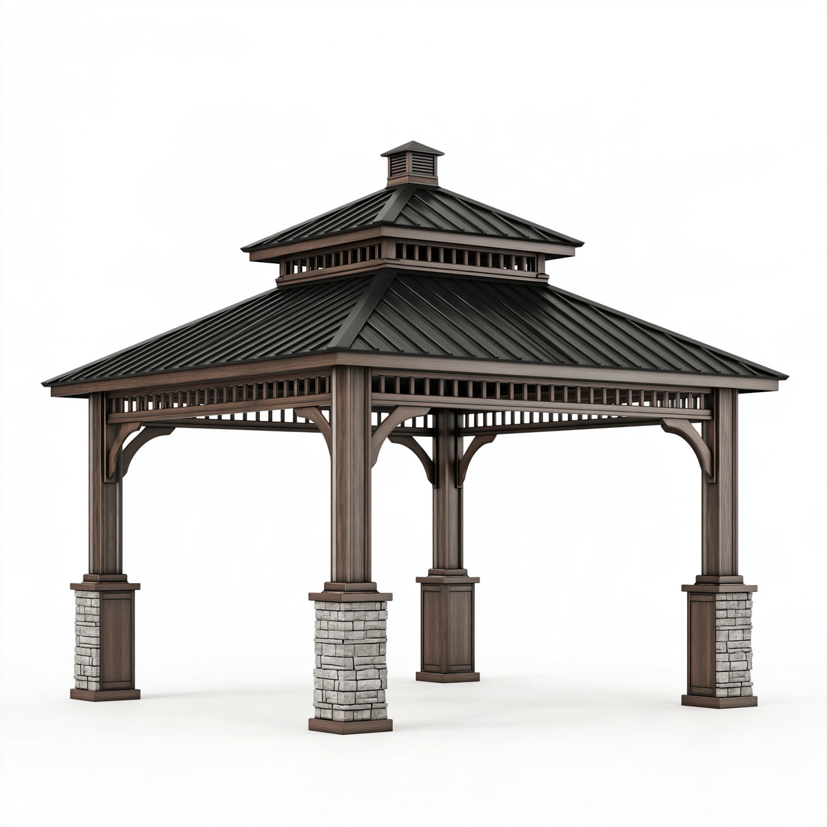 Gazebo da giardino 400 x 400 x 390 cm in legno marrone con tetto in metallo nero - stile padiglione