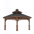 Gazebo 300 x 300 x 330 cm in legno marrone e metallo nero per esterno - stile classico con tetto a più livelli