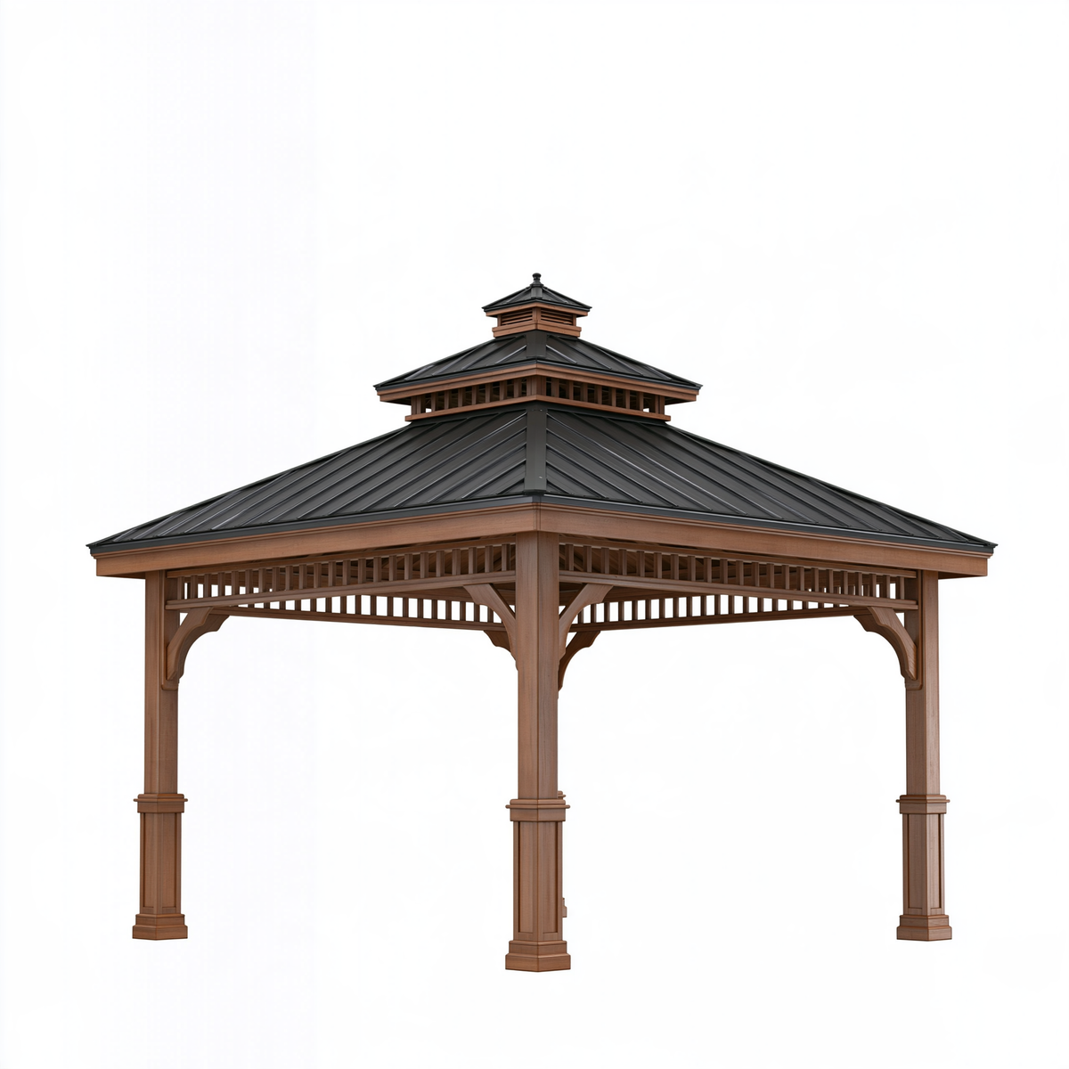 Gazebo 300 x 300 x 330 cm in legno marrone e metallo nero per esterno - stile classico con tetto a più livelli