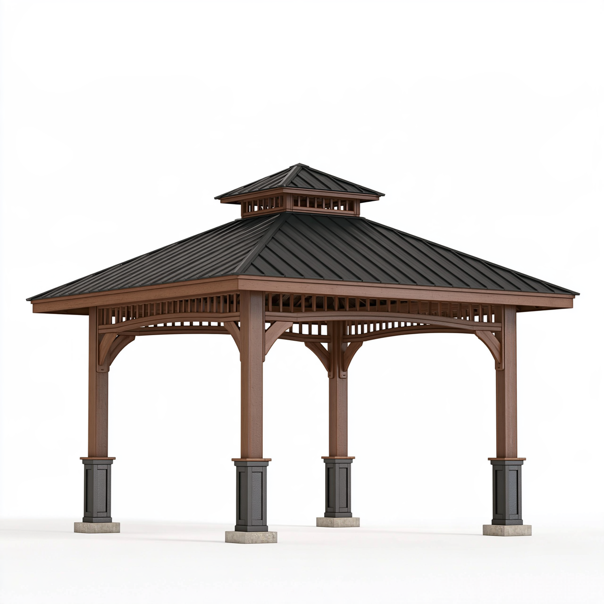 Gazebo da giardino 400 x 400 x 320 cm in legno marrone con tetto in metallo nero stile classico