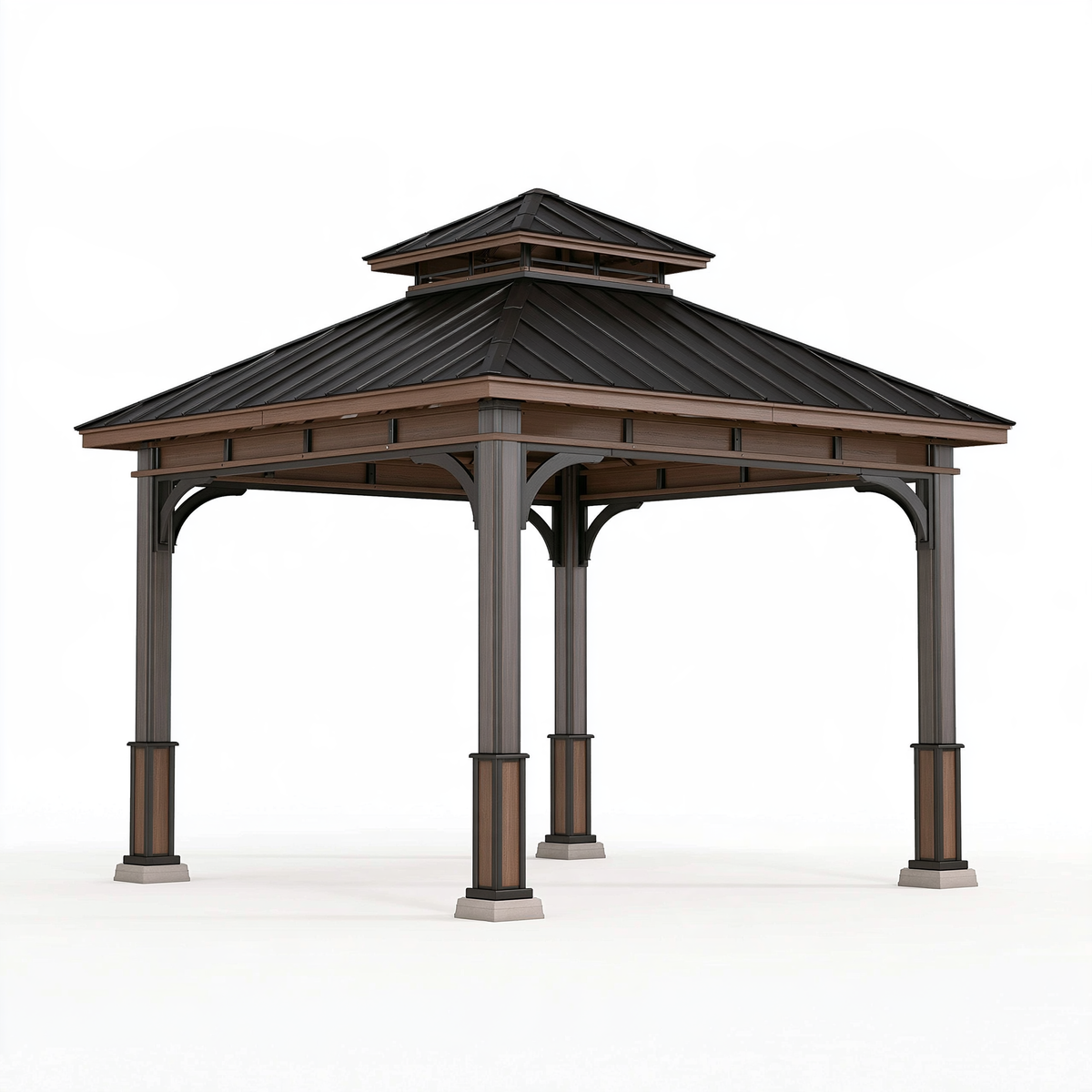 Gazebo da giardino 360 x 360 x 330 cm in metallo marrone e nero con tetto a doppia falda