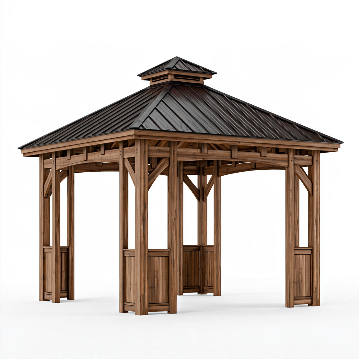 Gazebo da giardino 400 x 400 x 320 cm in legno marrone con tetto in metallo stile rustico