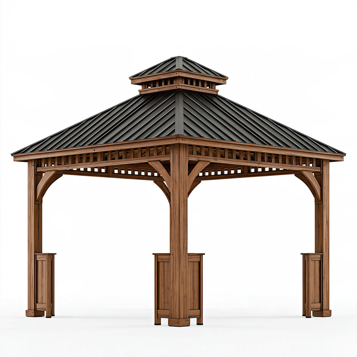 Gazebo da giardino 400 x 400 cm in legno marrone con tetto in metallo nero - struttura coperta