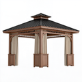 Gazebo da giardino 400 x 400 cm in legno marrone con tetto in metallo nero e tende beige