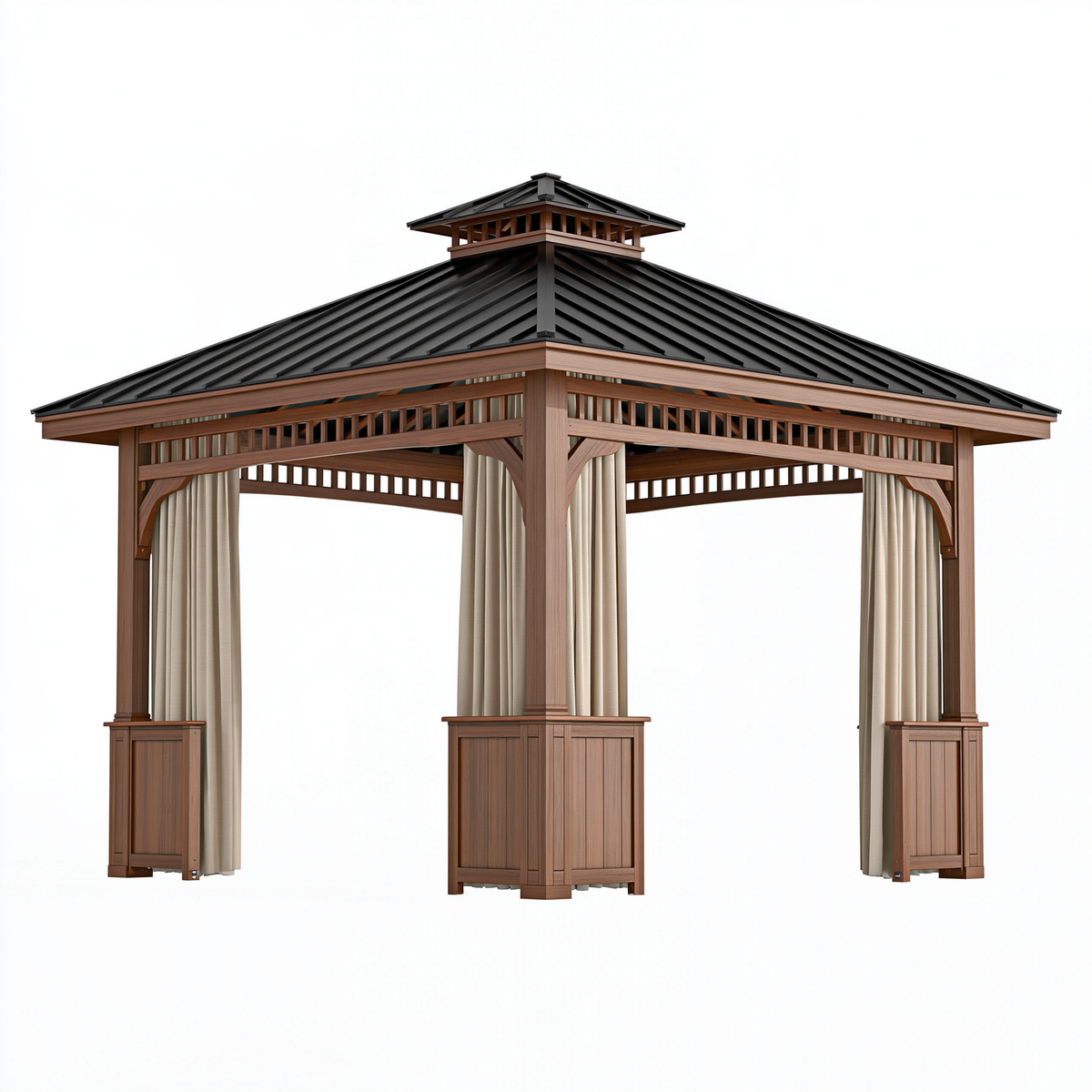Gazebo da giardino 400 x 400 cm in legno marrone con tetto in metallo nero e tende beige