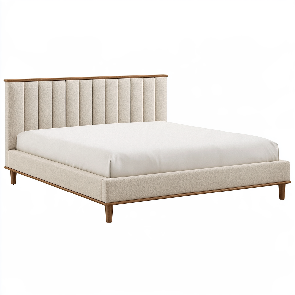 Letto matrimoniale 160 x 200 cm in tessuto beige e legno stile moderno imbottito