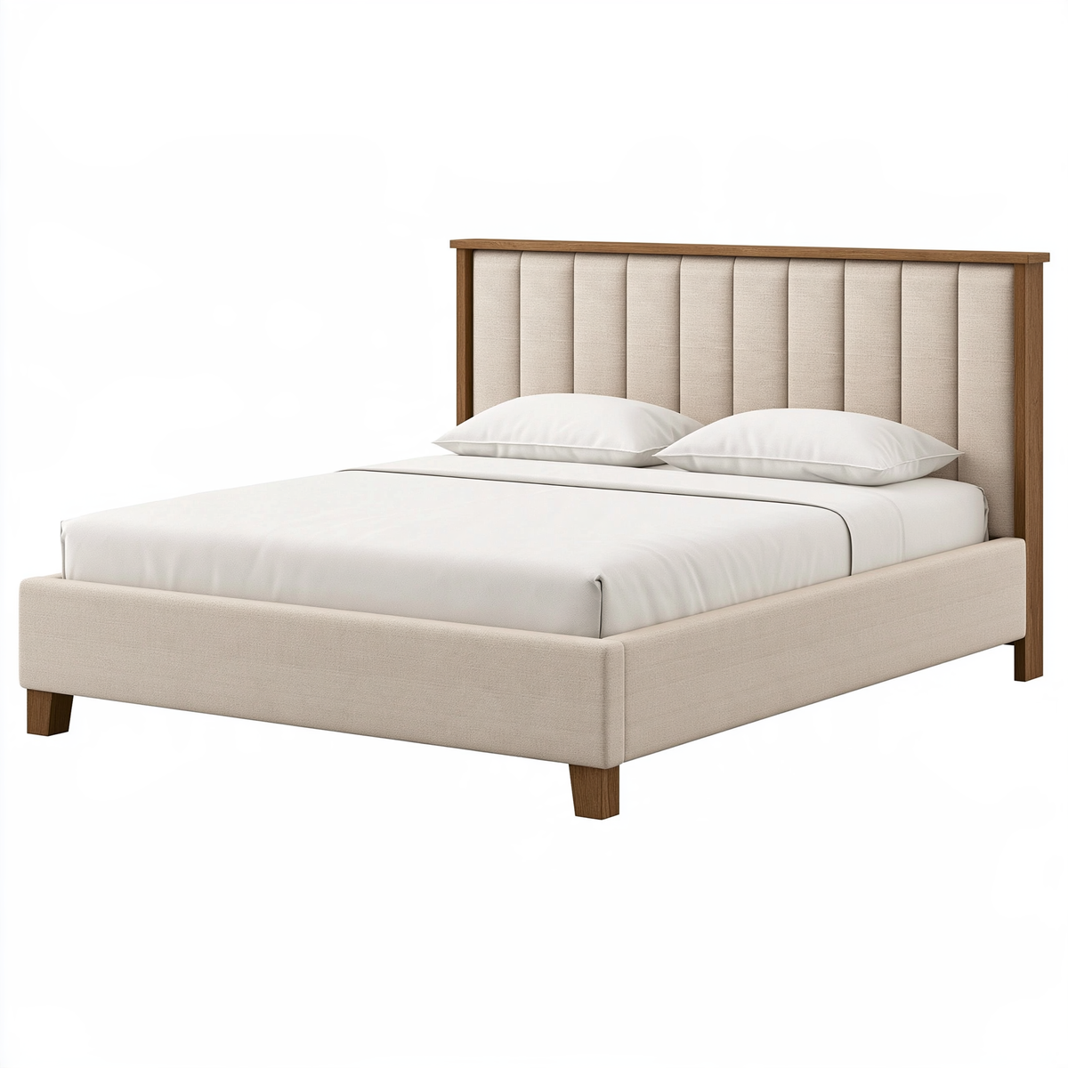 Letto matrimoniale 160 x 200 cm in legno e tessuto beige - testiera imbottita moderna