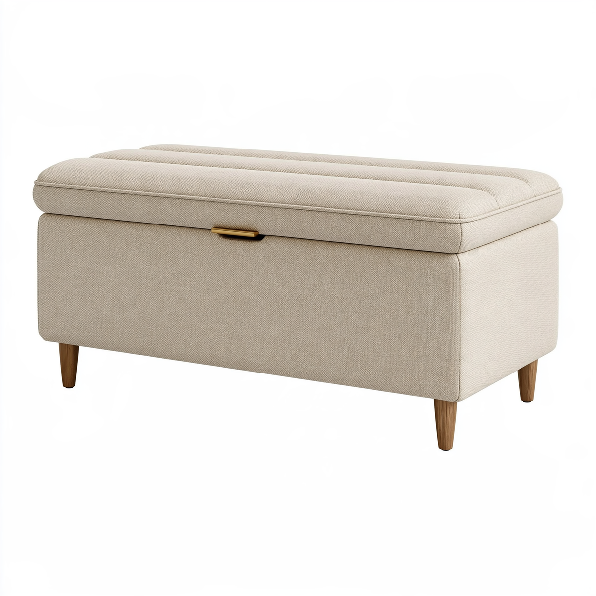 Panca contenitore 100 x 45 x 48 cm in tessuto beige con gambe in legno stile moderno