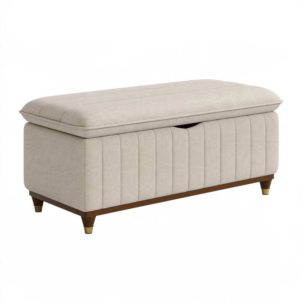 Panca contenitore 100 x 45 x 45 cm in tessuto beige con gambe in legno stile classico