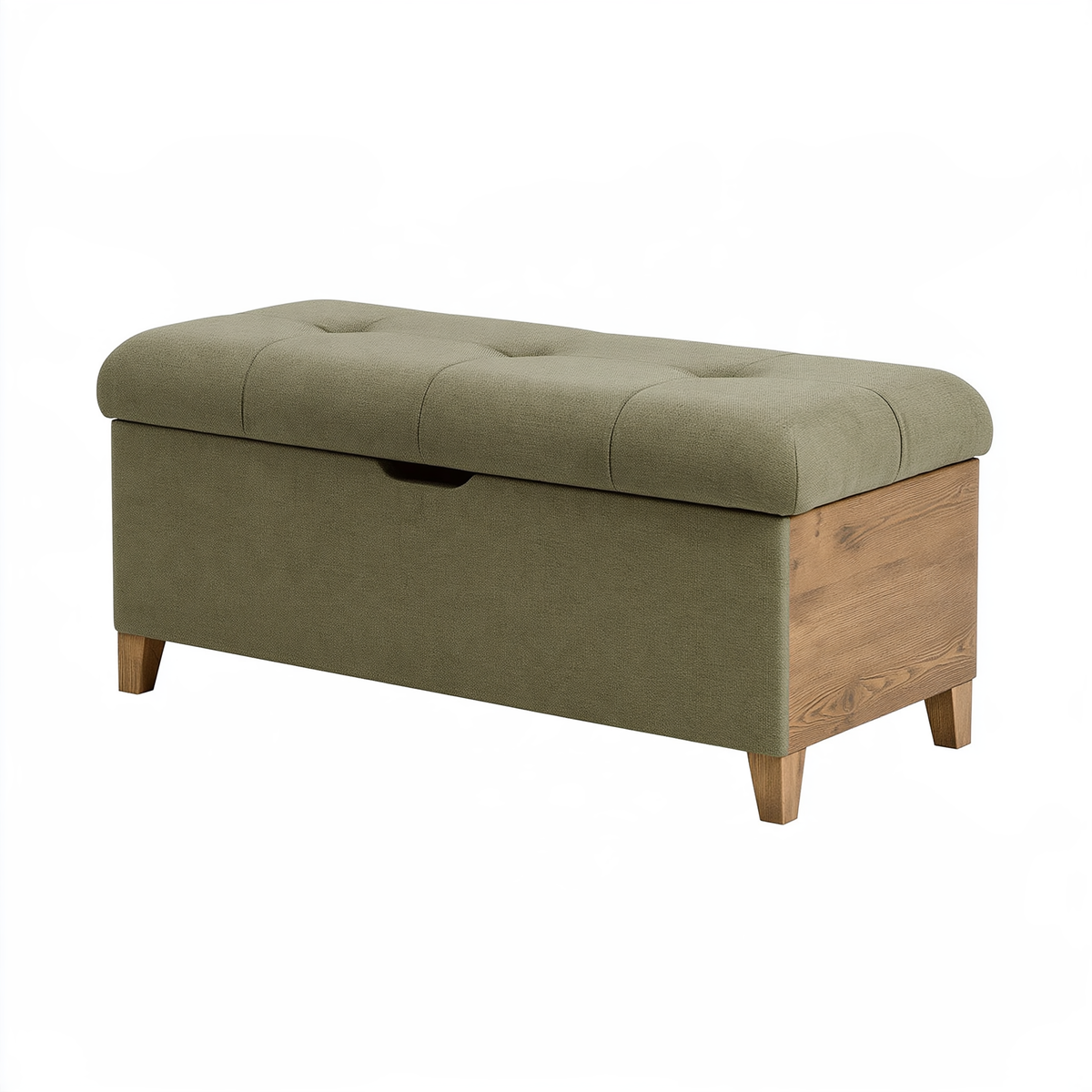 Panca contenitore 100 x 40 x 45 cm in tessuto verde oliva con gambe in legno - stile moderno