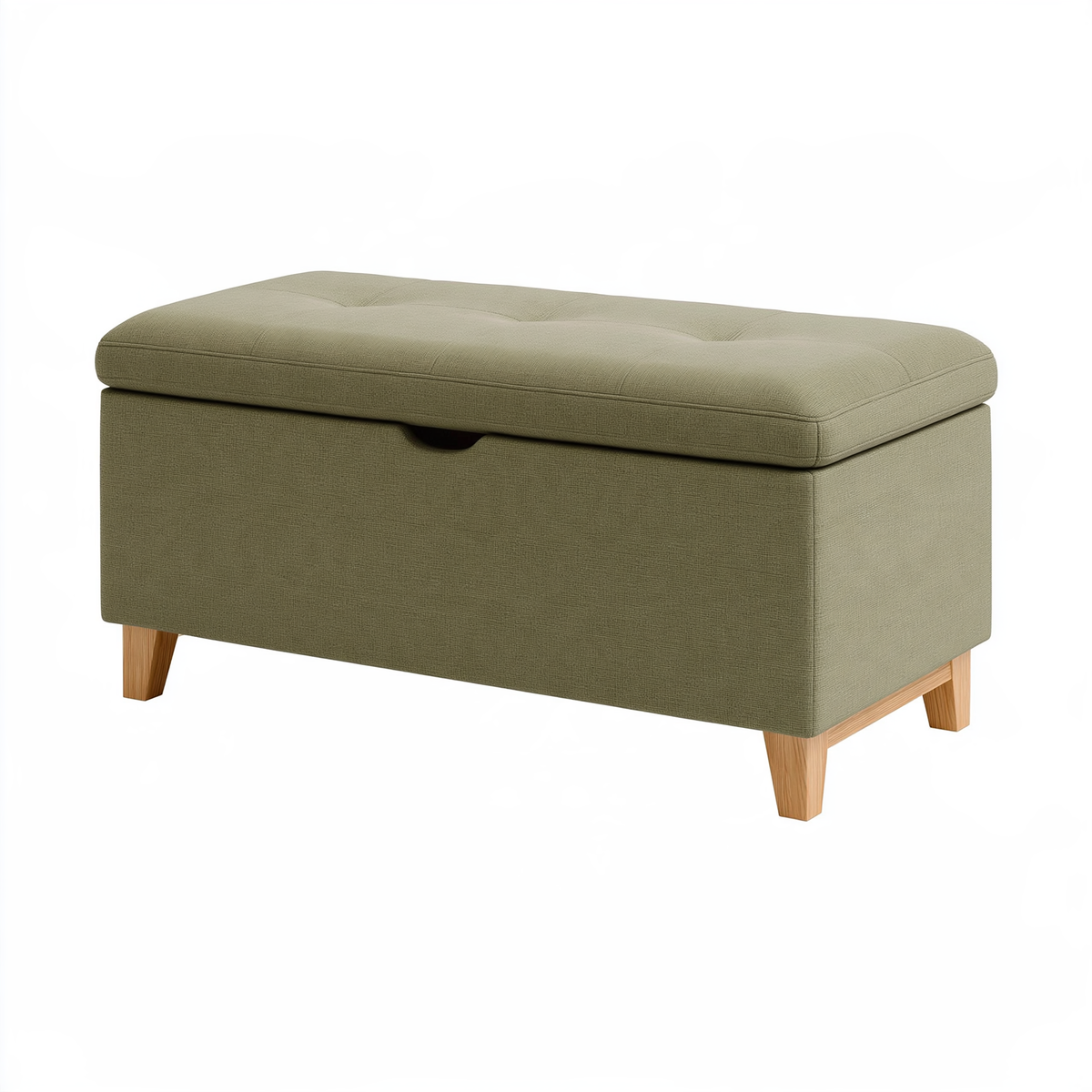 Panca contenitore 100 x 45 x 46 cm in tessuto verde con gambe in legno - seduta imbottita